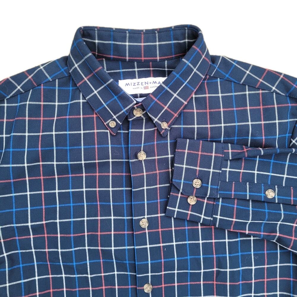 Mizzen + Main Dress Shirt Sz Medium Trim Mid Weight Long Sleeve Shirt Navy Plaid